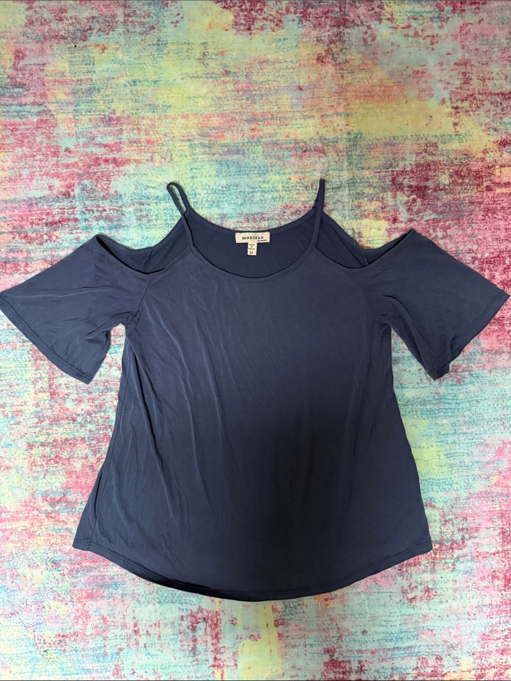 💙Monteau Navy Cold-Shoulder Scoop Neck Crop Top